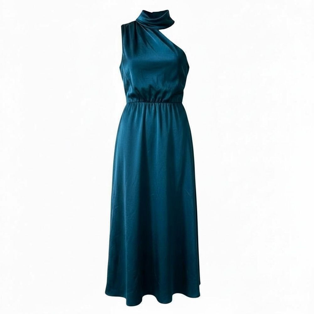 Satin Irregular Sleeveless Elastic Waist Mock Neck Cocktail Dress Emerald Medium